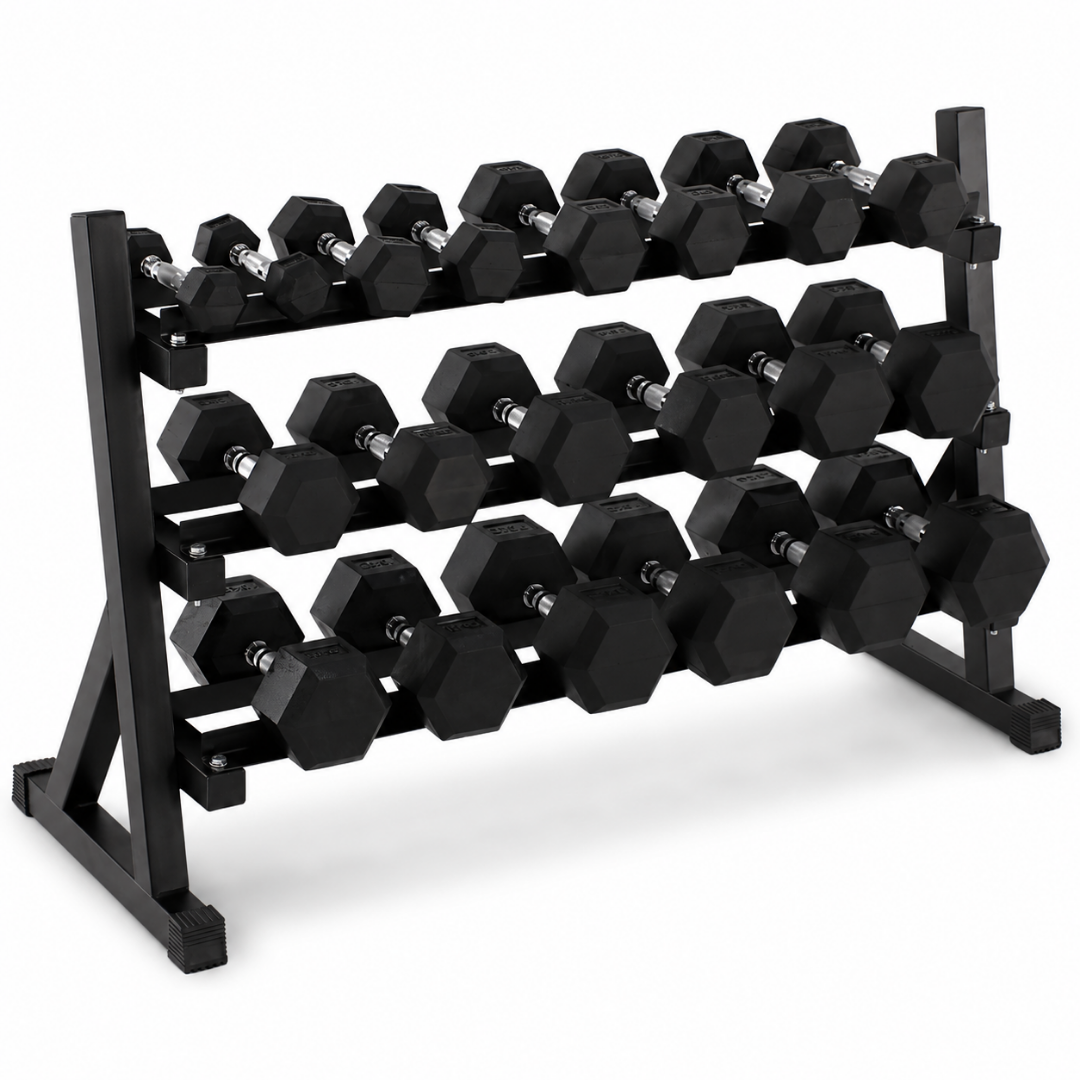 Complete PH Fitness Hexa dumbbellset 2–20 kg op zwart drie-laags rek – productaanzicht