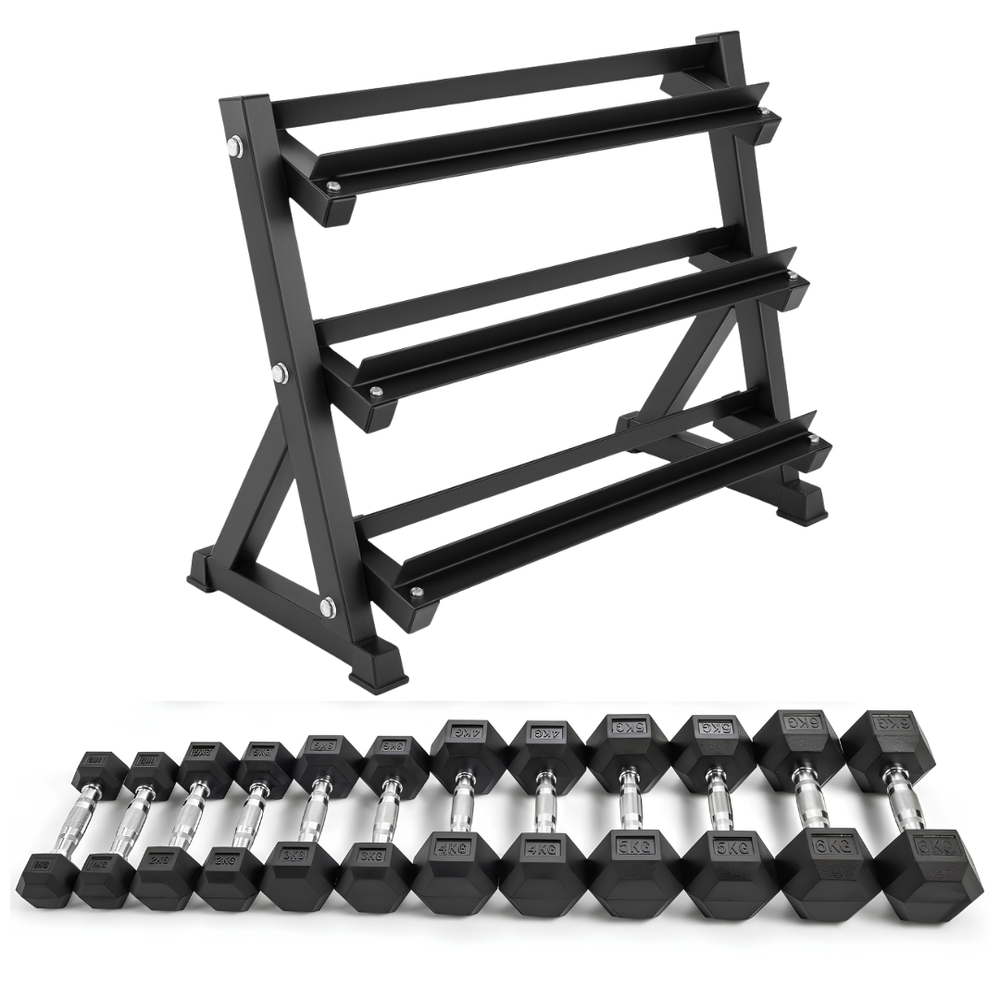 Set de mancuernas Hexa - de 2.5 a 15KG con soporte para mancuernas