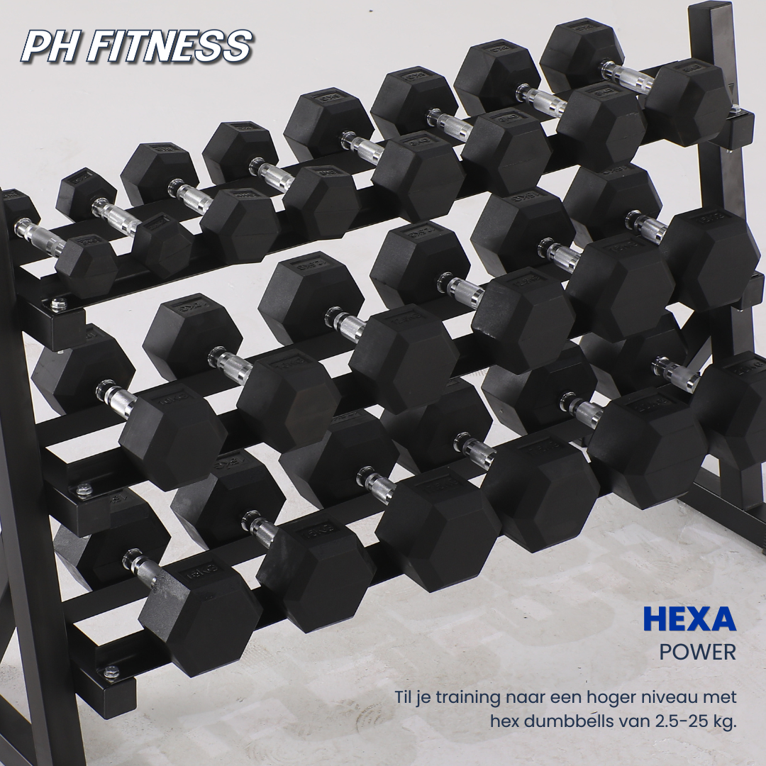 Zwarte Hexa dumbbells van 2,5 tot 25 kg op drie-laags PH Fitness rek – schuin zijaanzicht