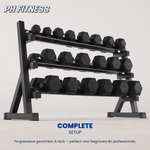 PH Fitness Hexa dumbbellset 2,5–25 kg op zwart drie-laags dumbbellrek – vooraanzicht