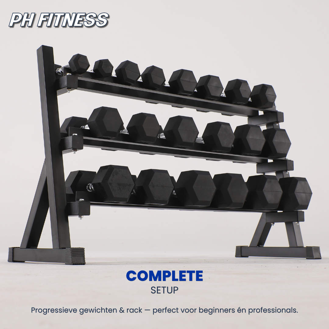 PH Fitness Hexa dumbbellset 2,5–25 kg op zwart drie-laags dumbbellrek – vooraanzicht