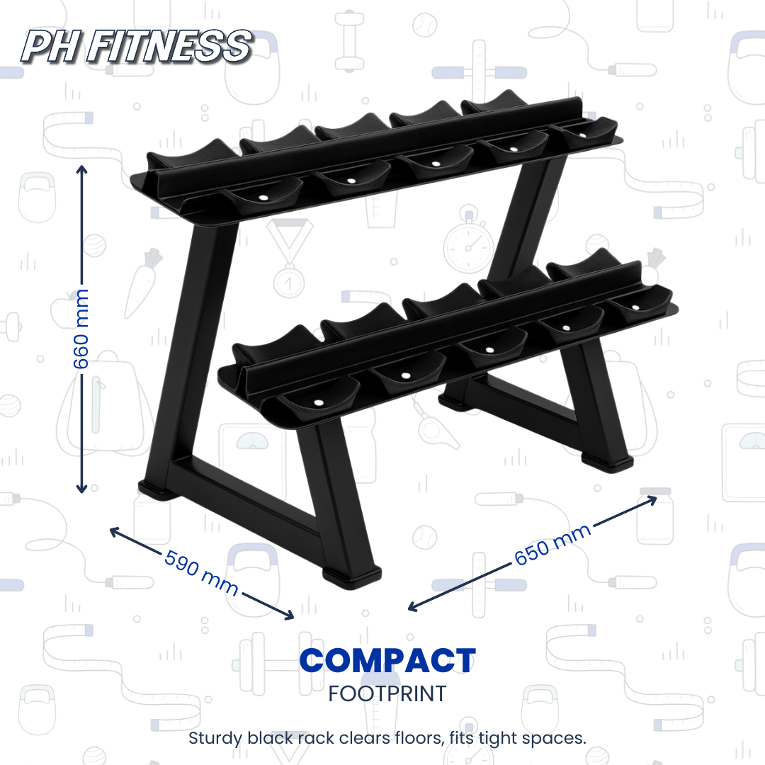 PH Fitness Dumbbell Rek – 2-Laags - 6 Paar Ronde Dumbbells
