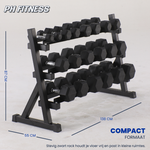 Afmetingen dumbbellrek voor Hexa set 2,5–25 kg: 138 × 55 × 87 cm