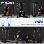 Trainingsmogelijkheden op de PH Fitness Corner Smith Machine voor optrekken, roeien en kabeloefeningen