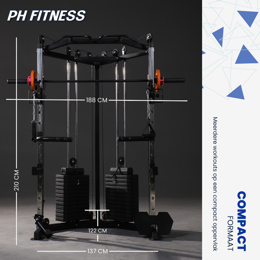 Afmetingen Corner Cable Crossover Smith Machine: 188 cm breed, 137 cm diep en 210 cm hoog