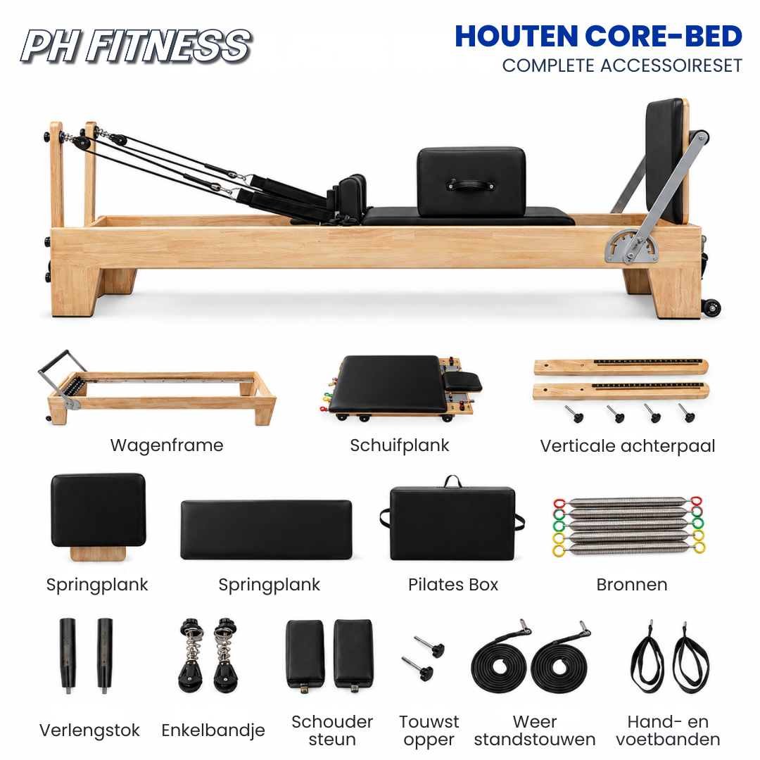 Complete accessoireset van de houten Pilates Reformer