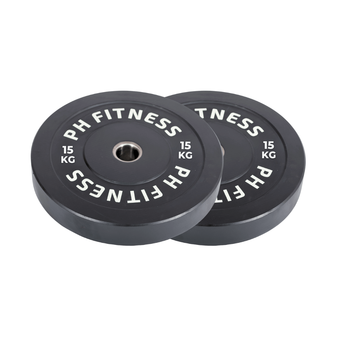 Twee PH Fitness olympische bumper plates van 15 kg op witte achtergrond