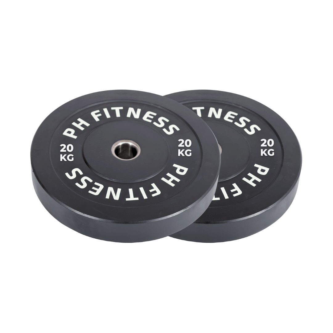 Twee PH Fitness olympische bumper plates van 20 kg op witte achtergrond