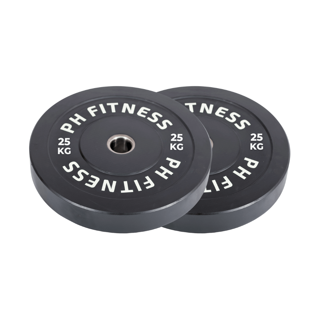 Twee PH Fitness olympische bumper plates van 25 kg op witte achtergrond