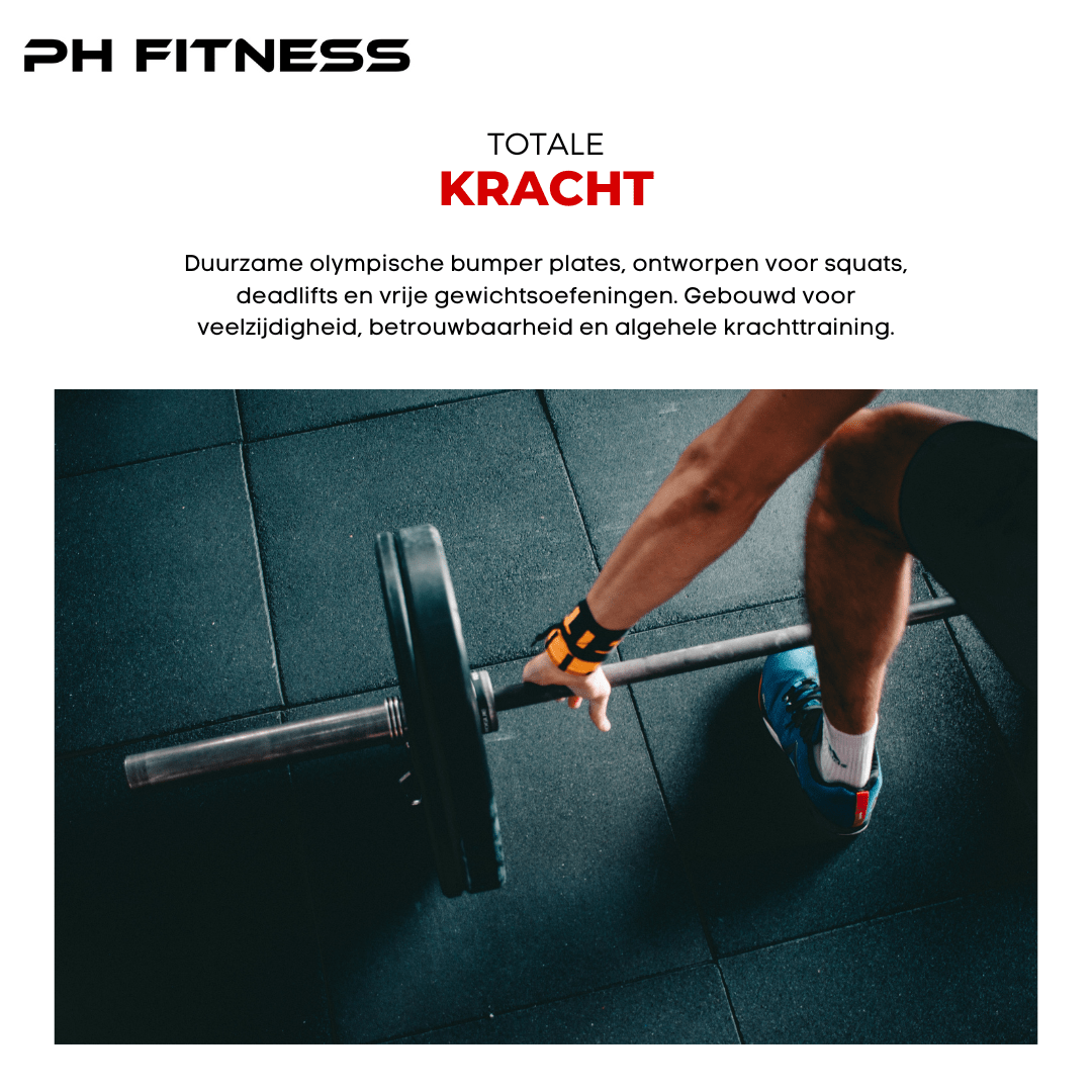 Atleet tilt een olympische halterstang met zwarte PH Fitness bumper plates