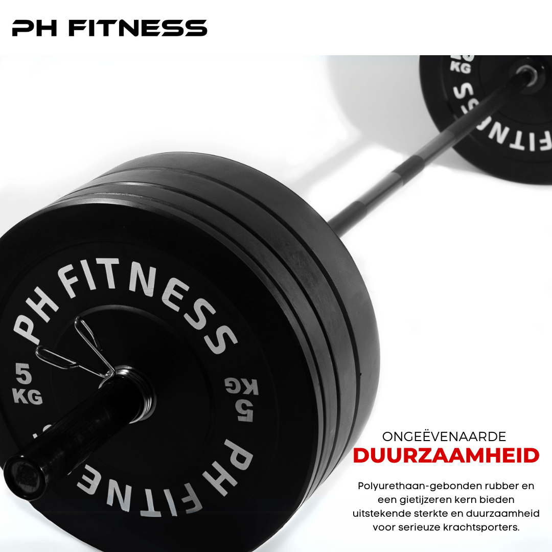 PH Fitness bumper plates van 5 kg gemonteerd op een olympische halterstang