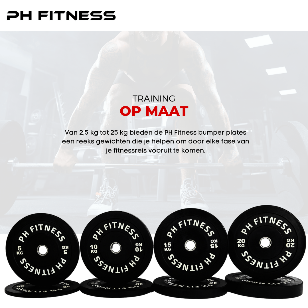 PH Fitness bumper plates van 5, 10, 15 en 20 kg voor opbouw van trainingsgewicht
