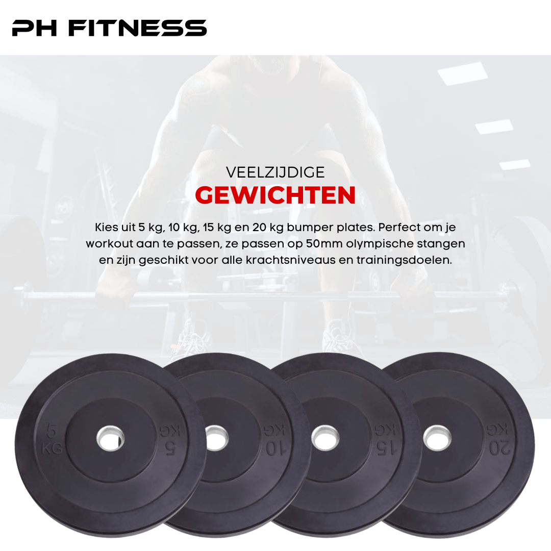 Informatiebeeld met zwarte PH Fitness bumper plates van 5, 10, 15 en 20 kg
