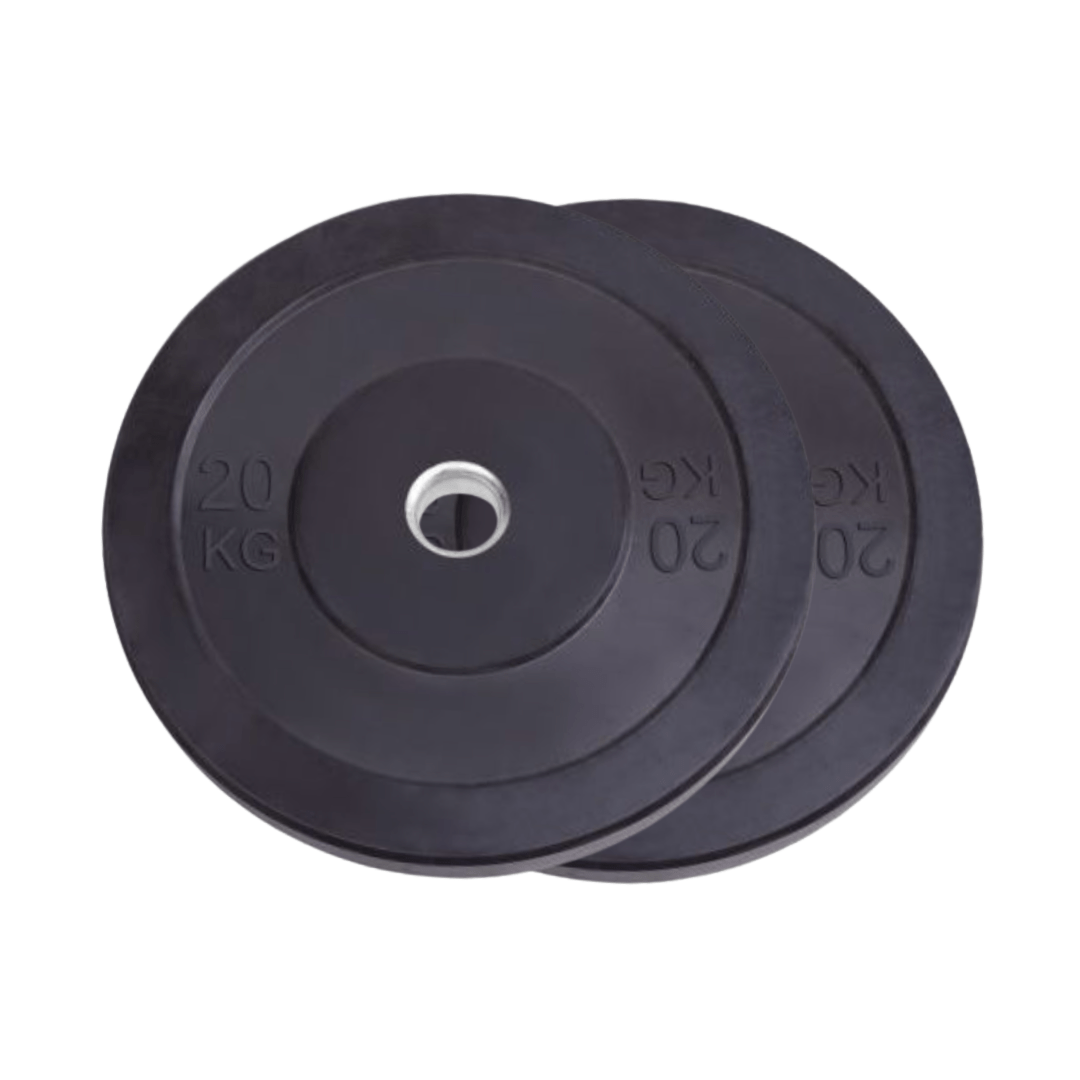 Twee zwarte PH Fitness bumper plates van 20 kg met metalen 50 mm opening op witte achtergrond