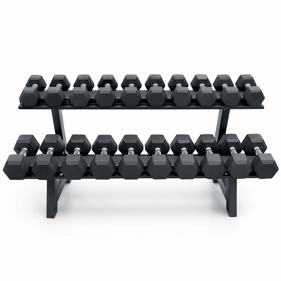 Hexa Dumbbell Set 2–20 kg met Rack – Complete Halterset 220 kg – Rubber Zeshoekige Dumbbells met Vaste Gewichtsstappen voor Home Gym & Fitness - PH Fitness