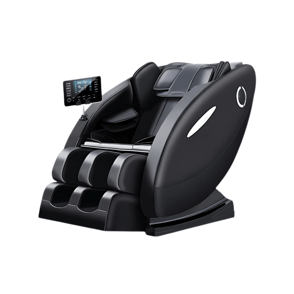 Zwarte PH Fitness Massagestoel Wellness – schuin vooraanzicht met voetmassage en touchscreen