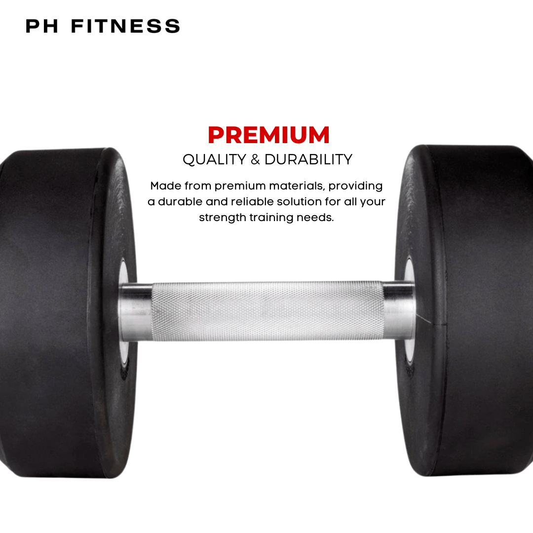 Zijaanzicht van één ronde zwarte PH Fitness PU dumbbell op witte achtergrond