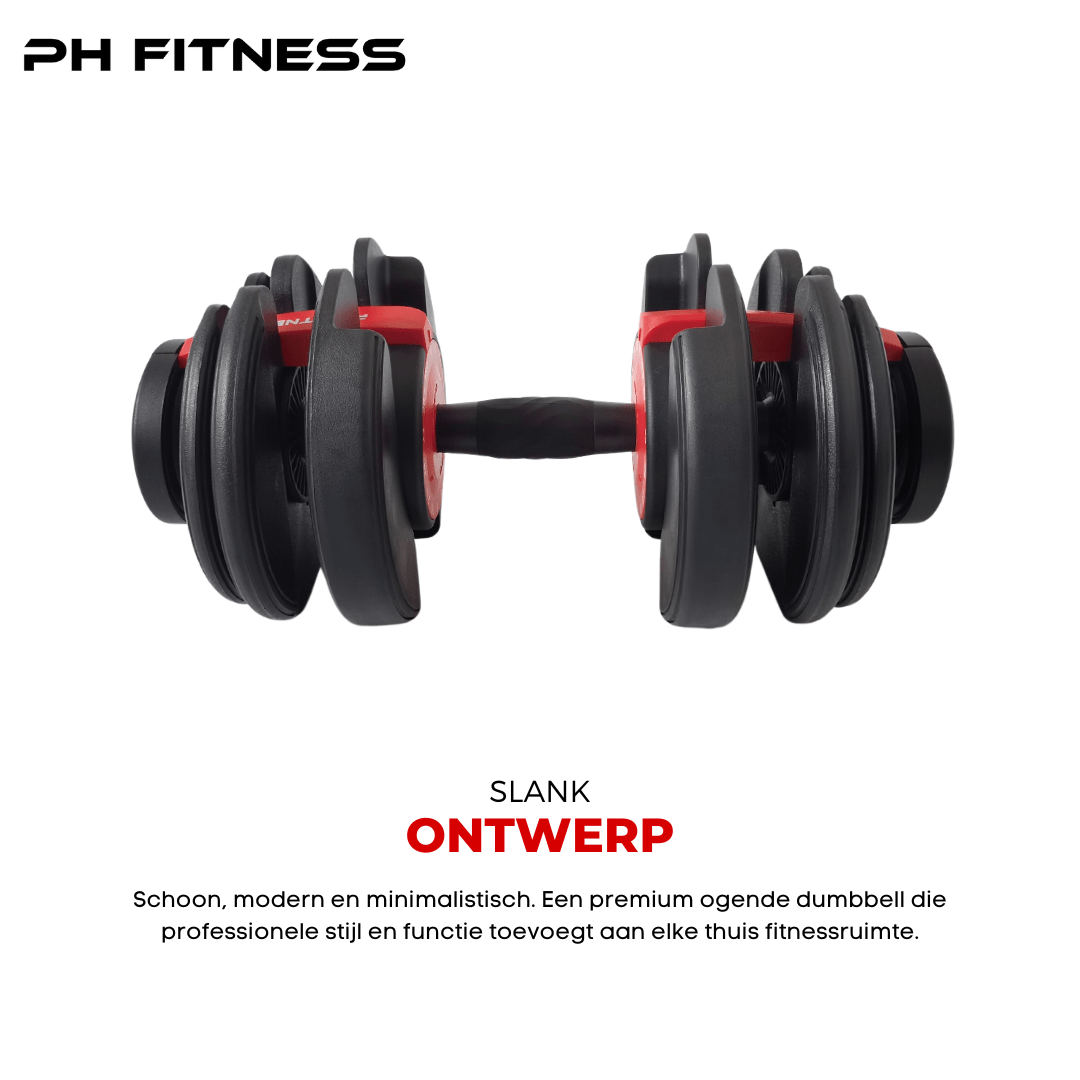 Zijaanzicht van de rode PH Fitness Premium verstelbare dumbbell
