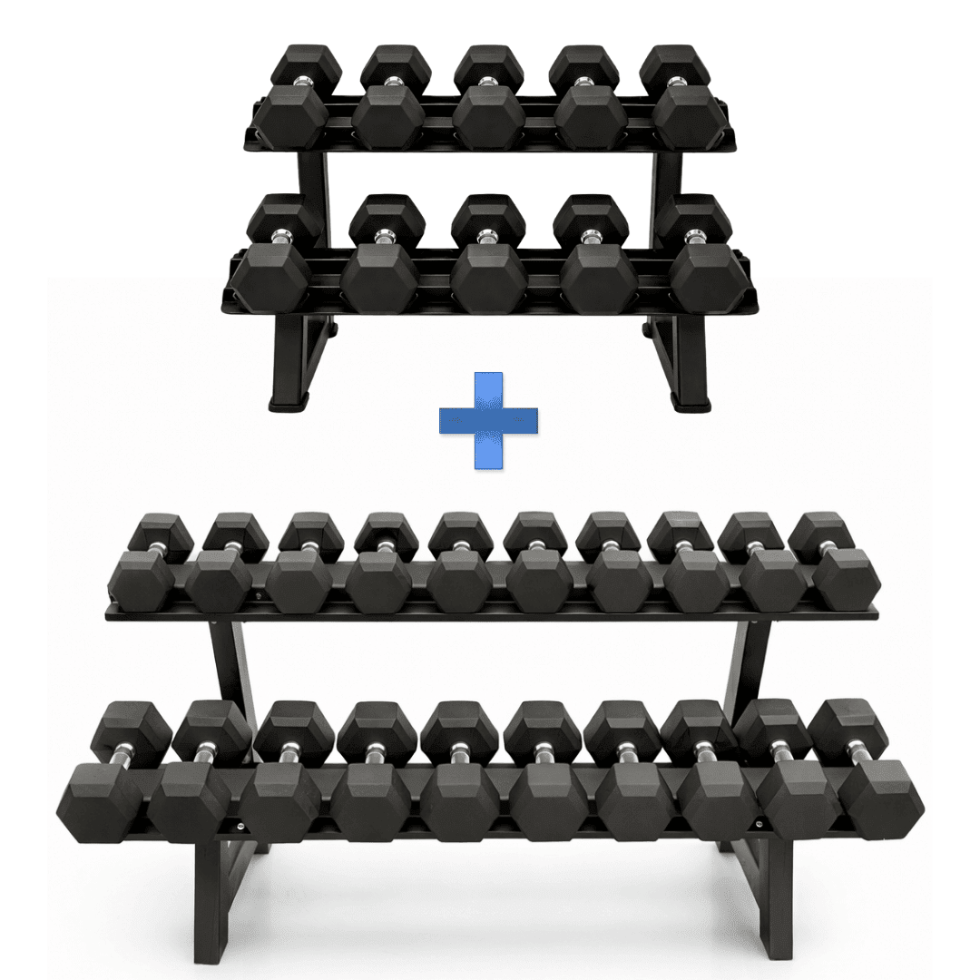 Professionele Hexa Dumbbell Set 2–30 kg met 2 - Laags Rack – Complete Halterset 480 kg – Rubber Zeshoekige Dumbbells voor Home Gym, Fitness & Krachttraining - PH Fitness