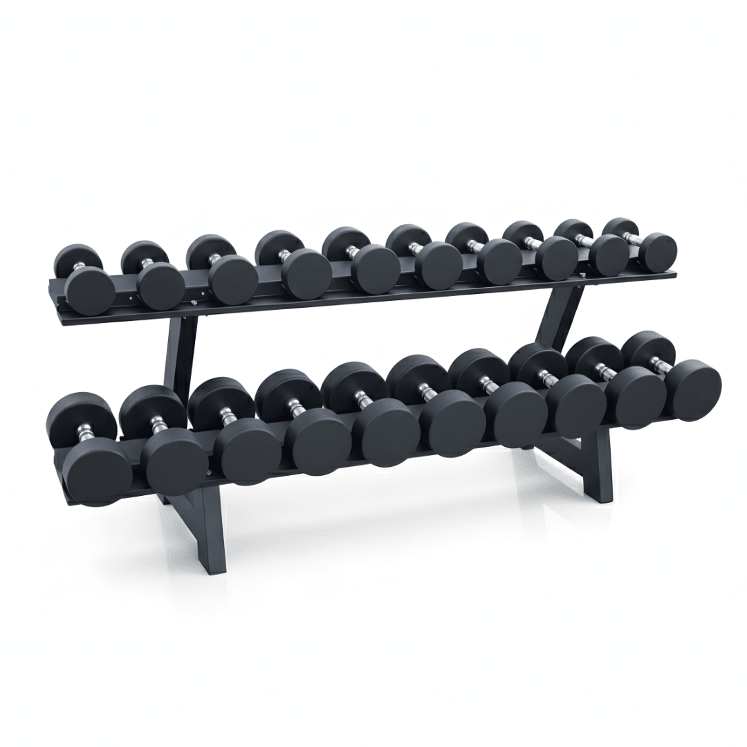 PH Fitness PU dumbbellset 2–20 kg op breed zwart twee-laags rek – productaanzicht