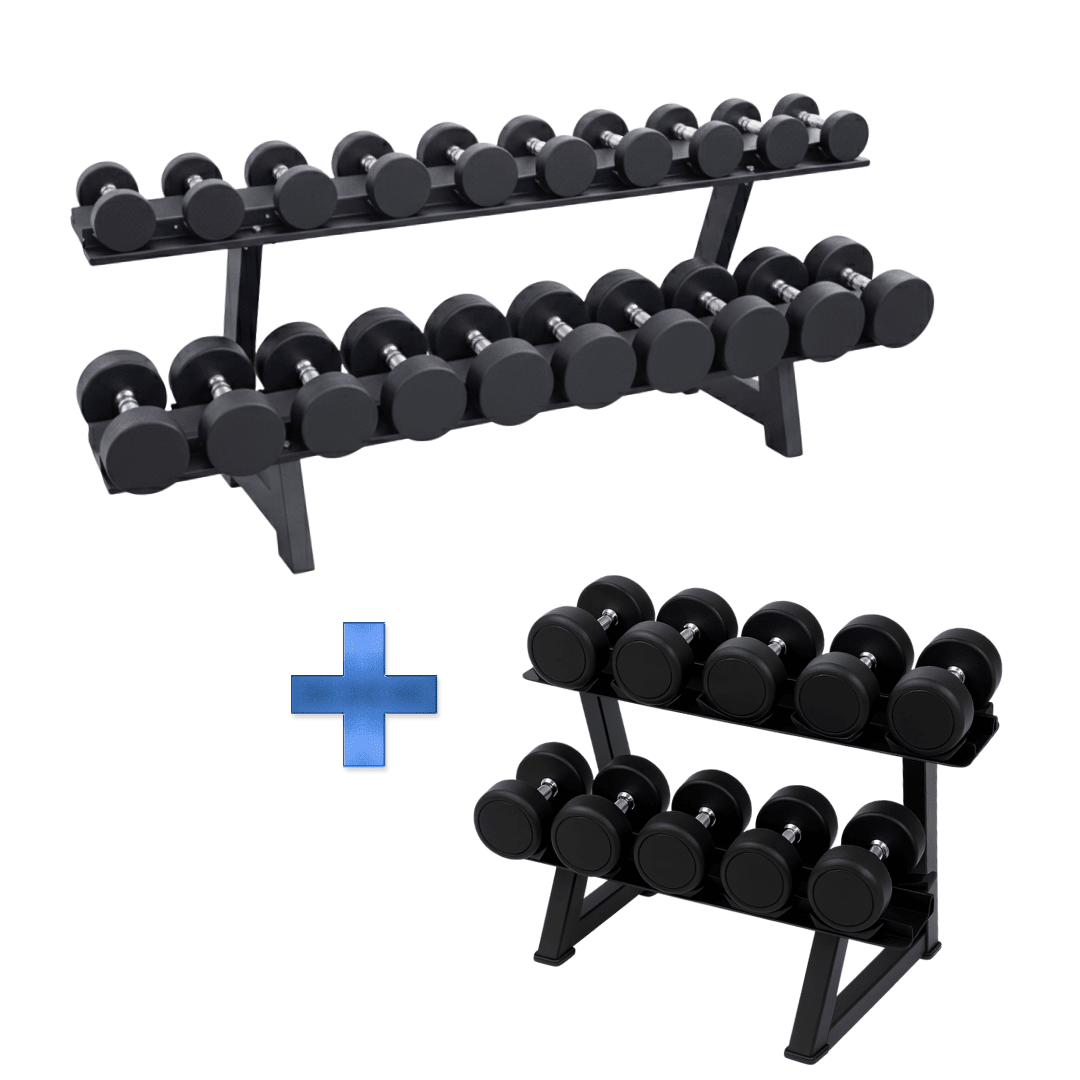 Overzicht van ronde PU dumbbells 2–30 kg verdeeld over twee zwarte twee-laags rekken